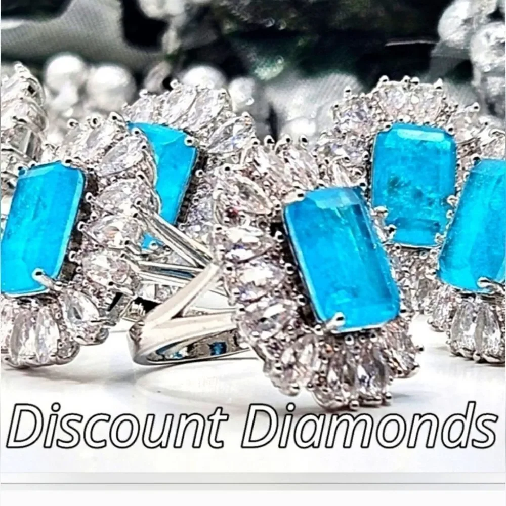 Neon Blue Paraiba & Clear Zircon Cocktail Ring 18K White Gold on 925 Silver